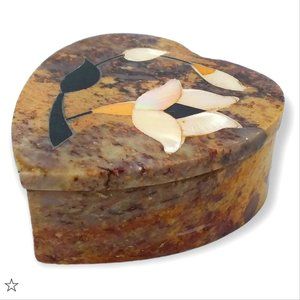 Vtg Soapstone Gemstone Inlay Heart Shape Trinket Box Lid Flower Keepsake India